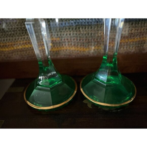 Set of 2 Empoli Emerald and Clear Glass Candle Holders Circa 1950 - 8.5" Tall - Picture 5 of 8
